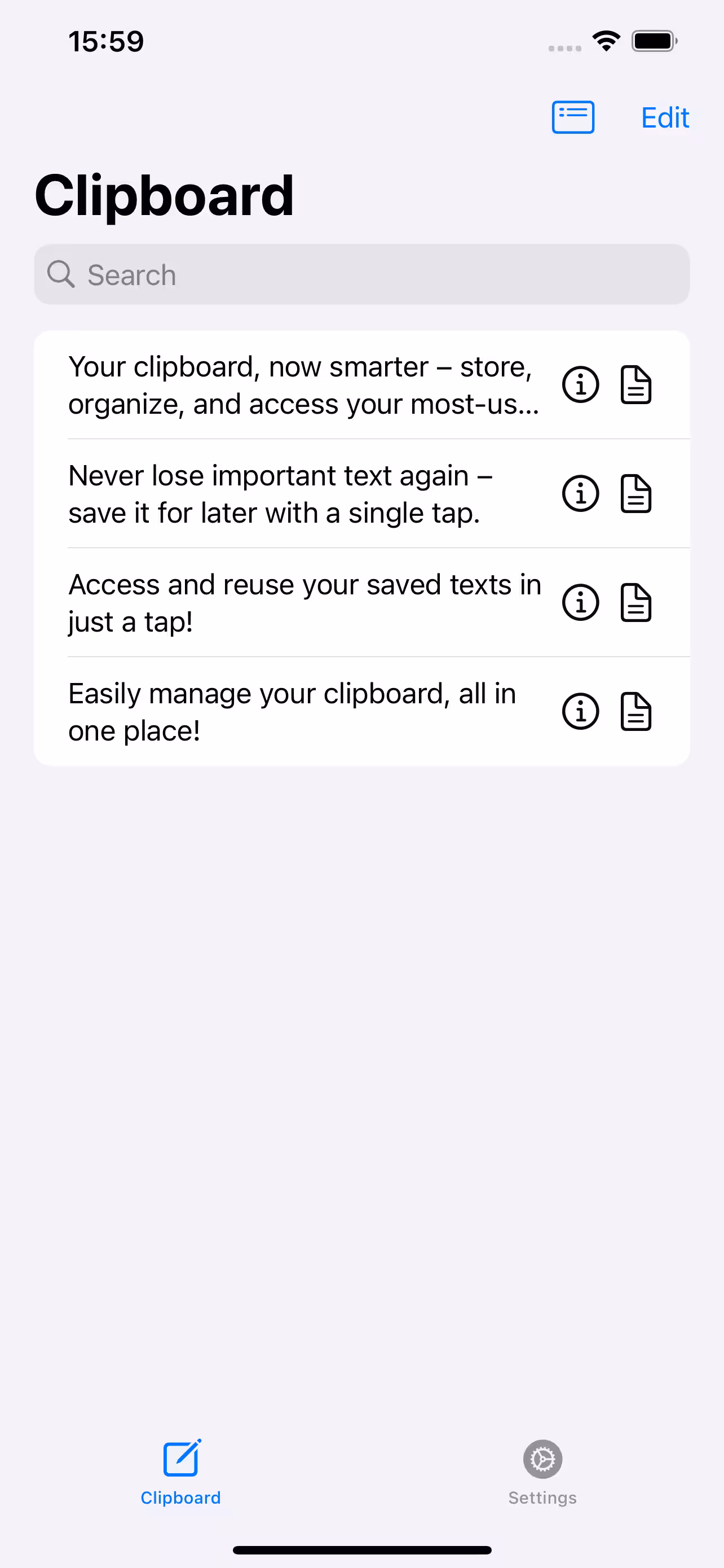 iCliper clipboard app for iPhone users - main clipboard view